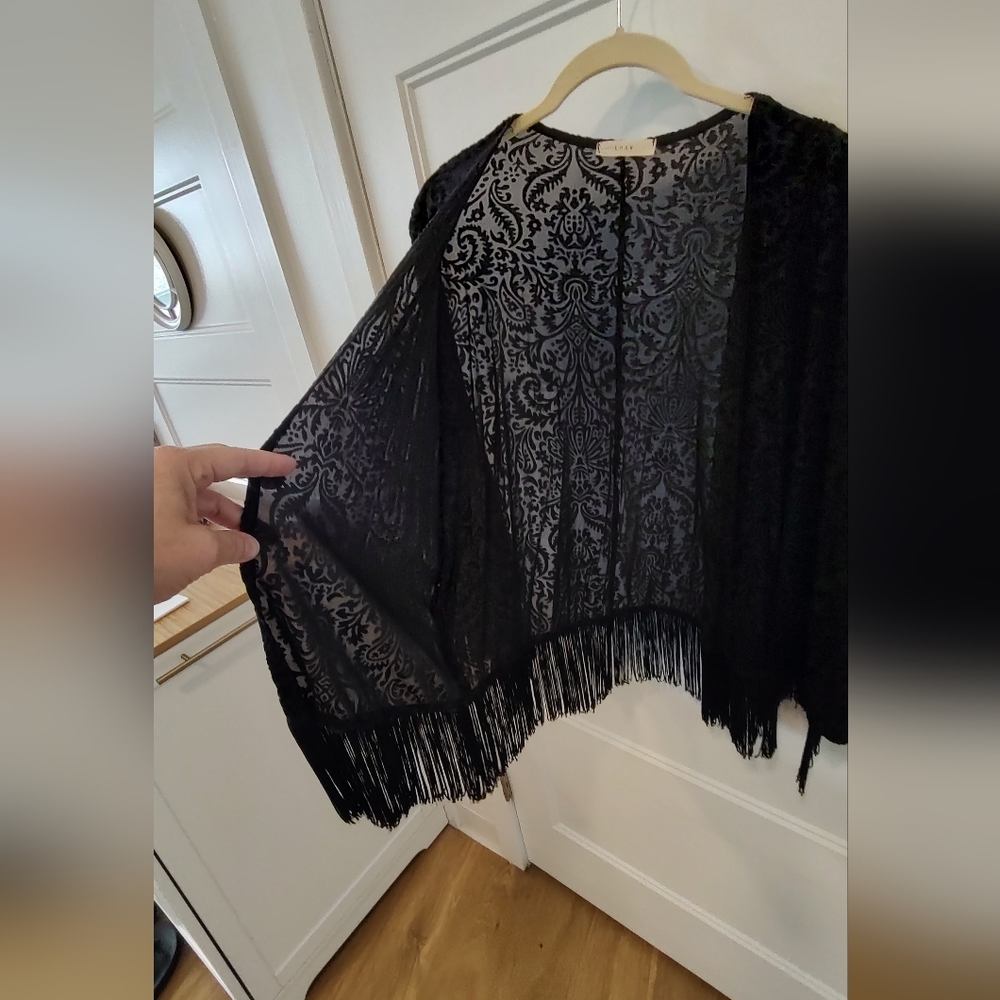 Source Unknown Black Sheer Lace Fringe Cape